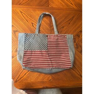 DG2 Diane Gilman Denim American Flag Tote Bag Stars Stripes Blue Red Large